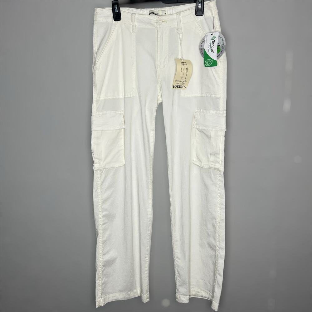 LoveGen Cargo Pants 7/29 Women White Carpenter Gorpcore Straight Tencel Wide Leg
